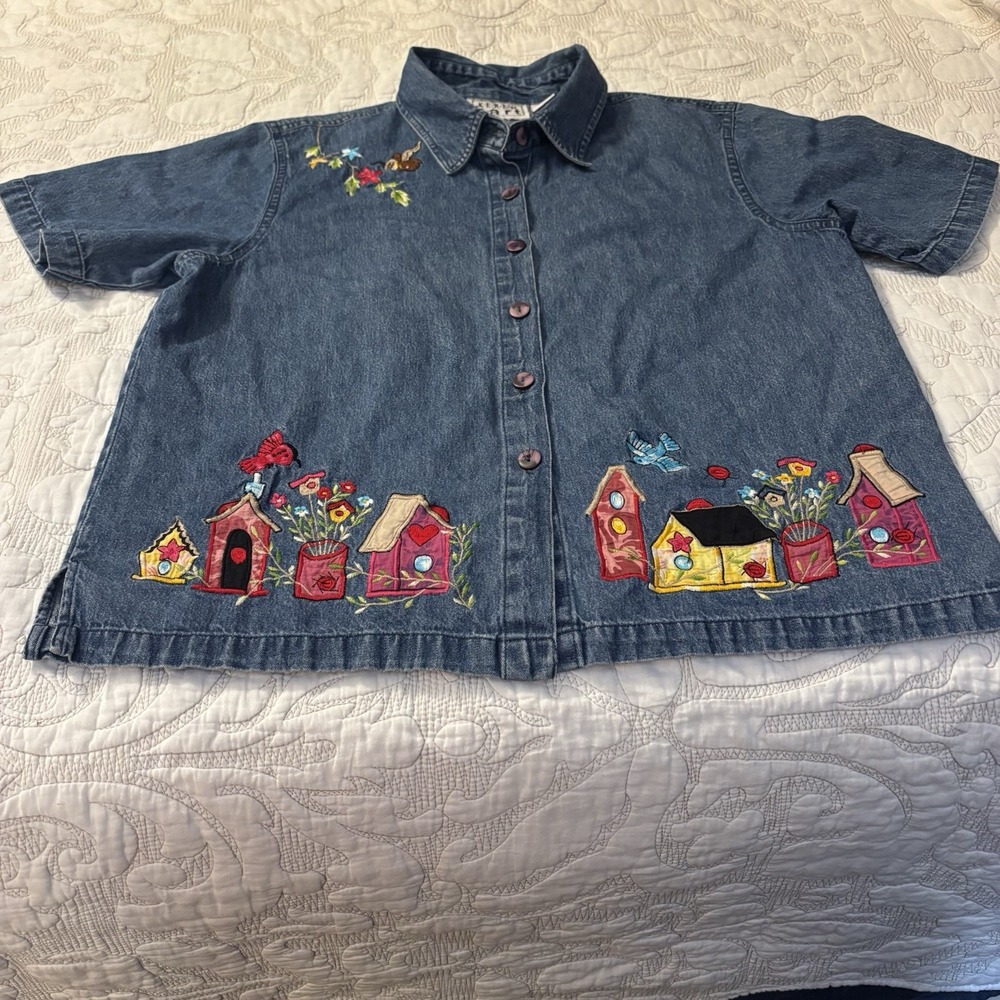 Vintage 90's Karan Hart Women's Denim Button Down Short Sleeve Shirt‎ Large